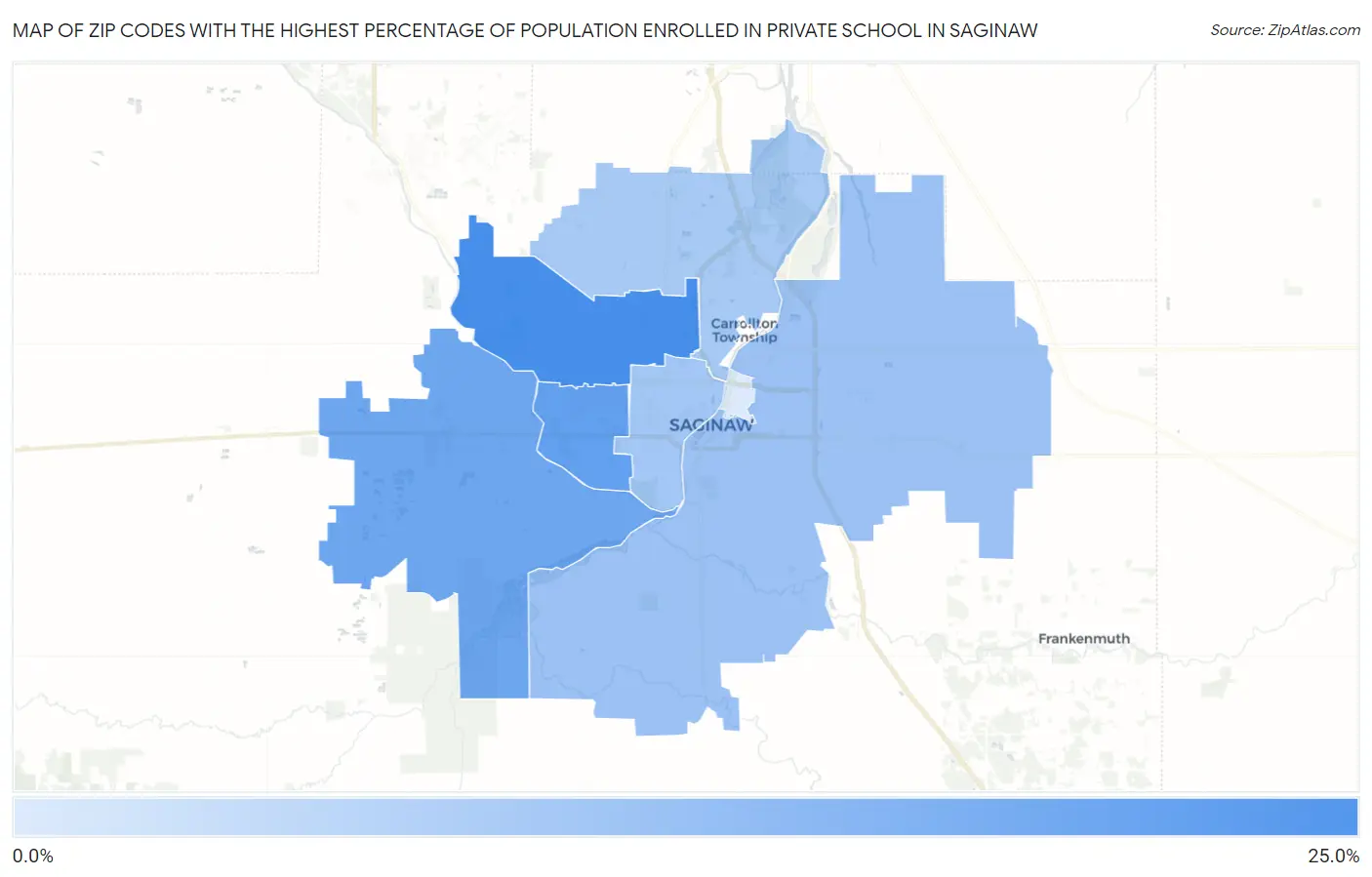 Zip Codes with the Highest Percentage of Population Enrolled in Private School in Saginaw Map