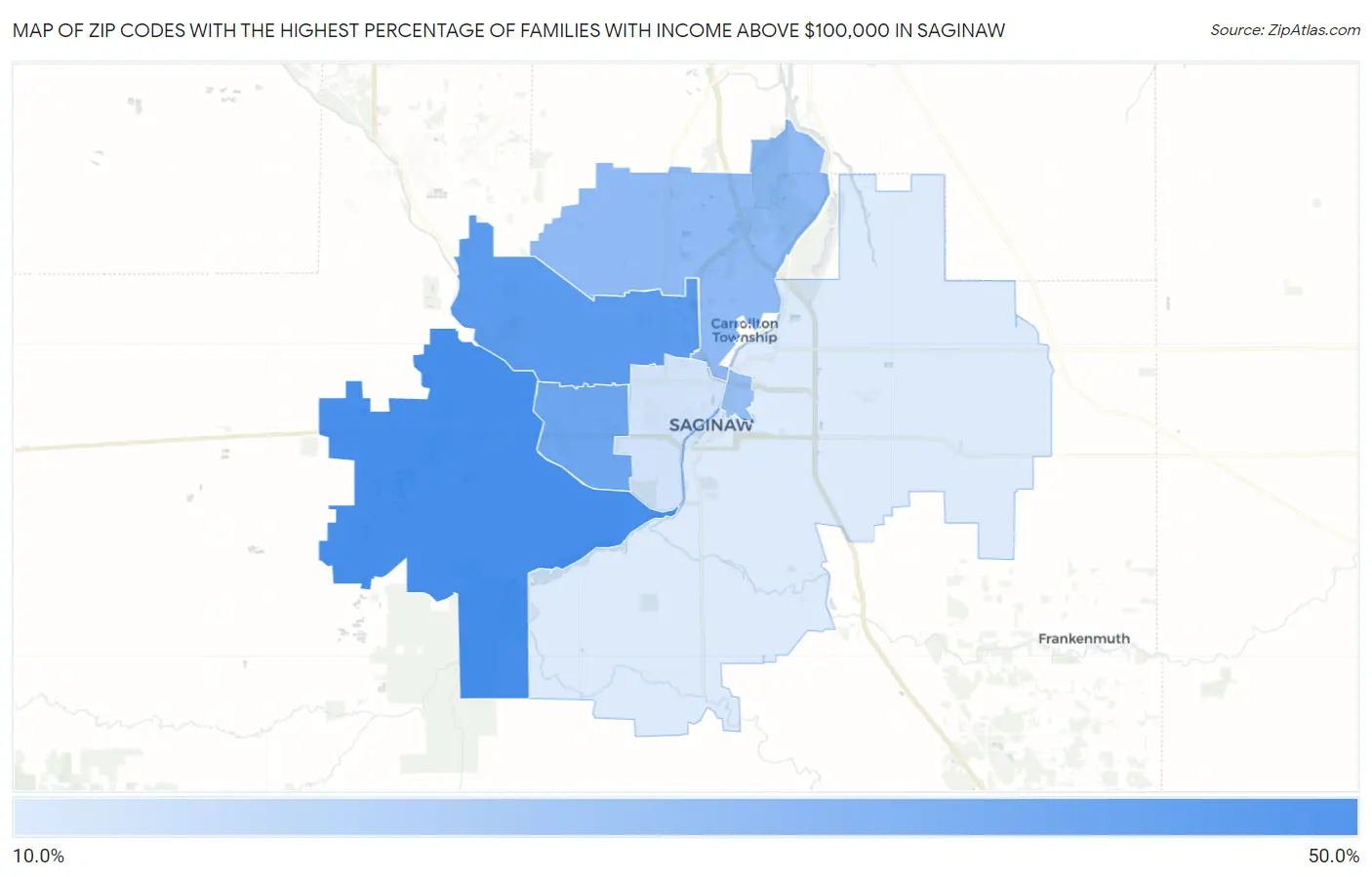 Zip Codes with the Highest Percentage of Families with Income Above $100,000 in Saginaw Map