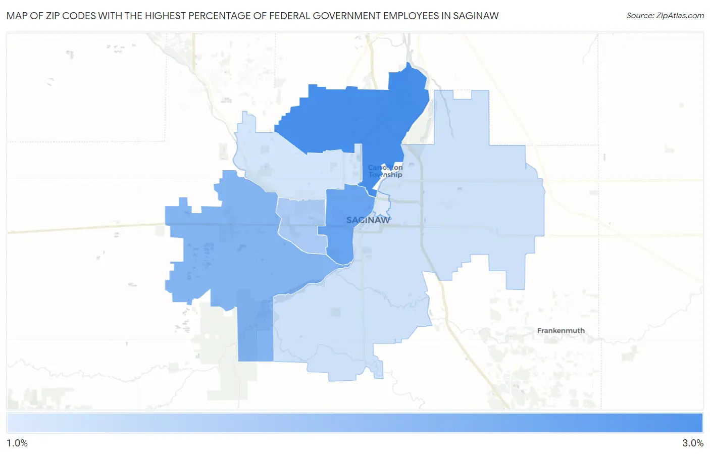 Zip Codes with the Highest Percentage of Federal Government Employees in Saginaw Map