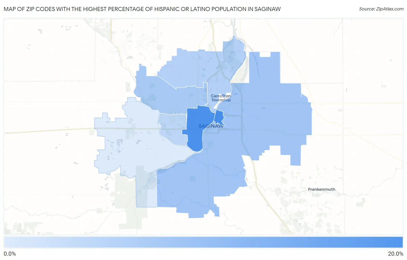 Zip Codes with the Highest Percentage of Hispanic or Latino Population in Saginaw Map