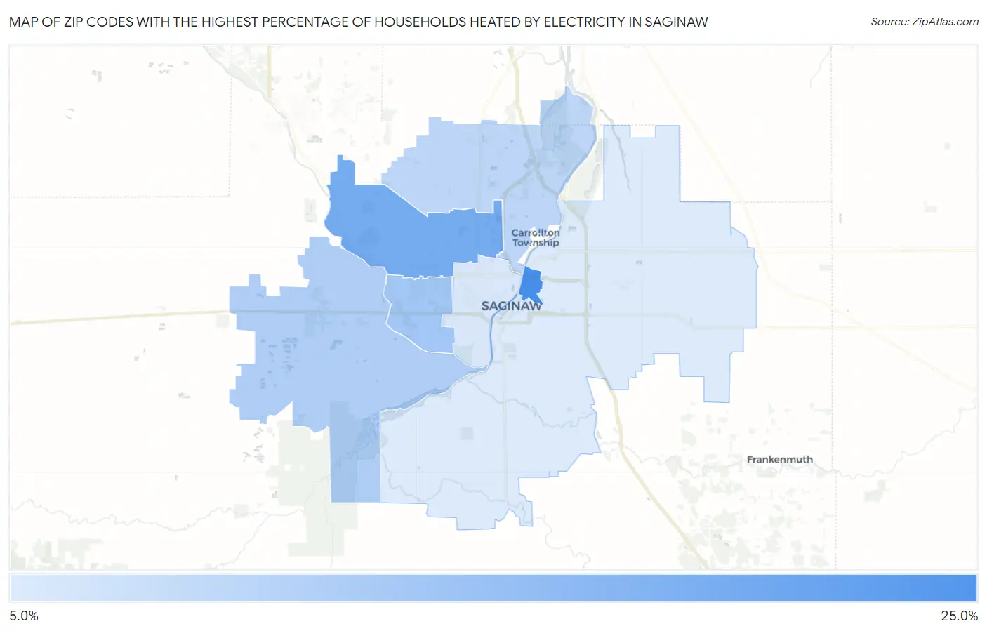 Zip Codes with the Highest Percentage of Households Heated by Electricity in Saginaw Map