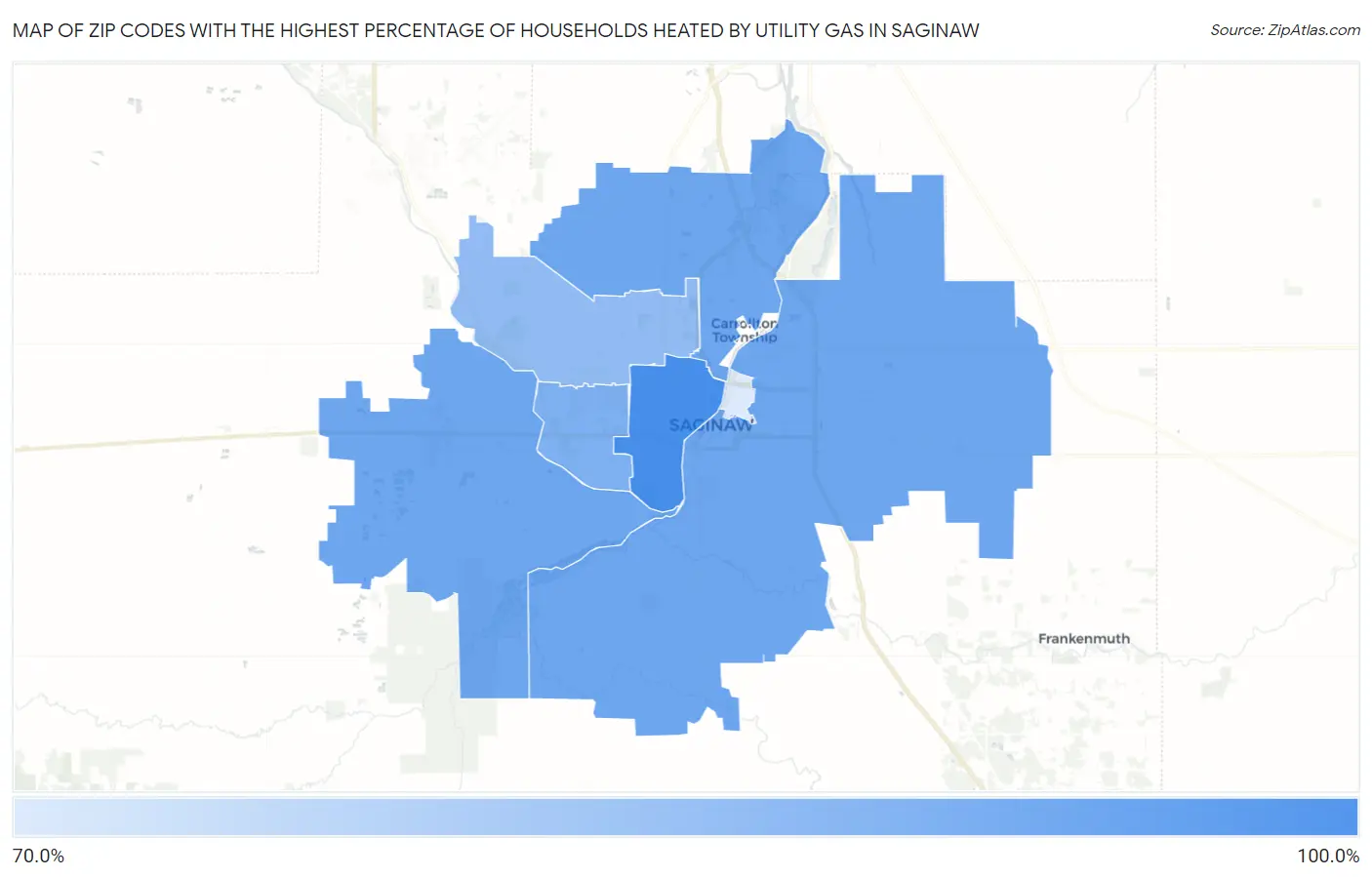 Zip Codes with the Highest Percentage of Households Heated by Utility Gas in Saginaw Map