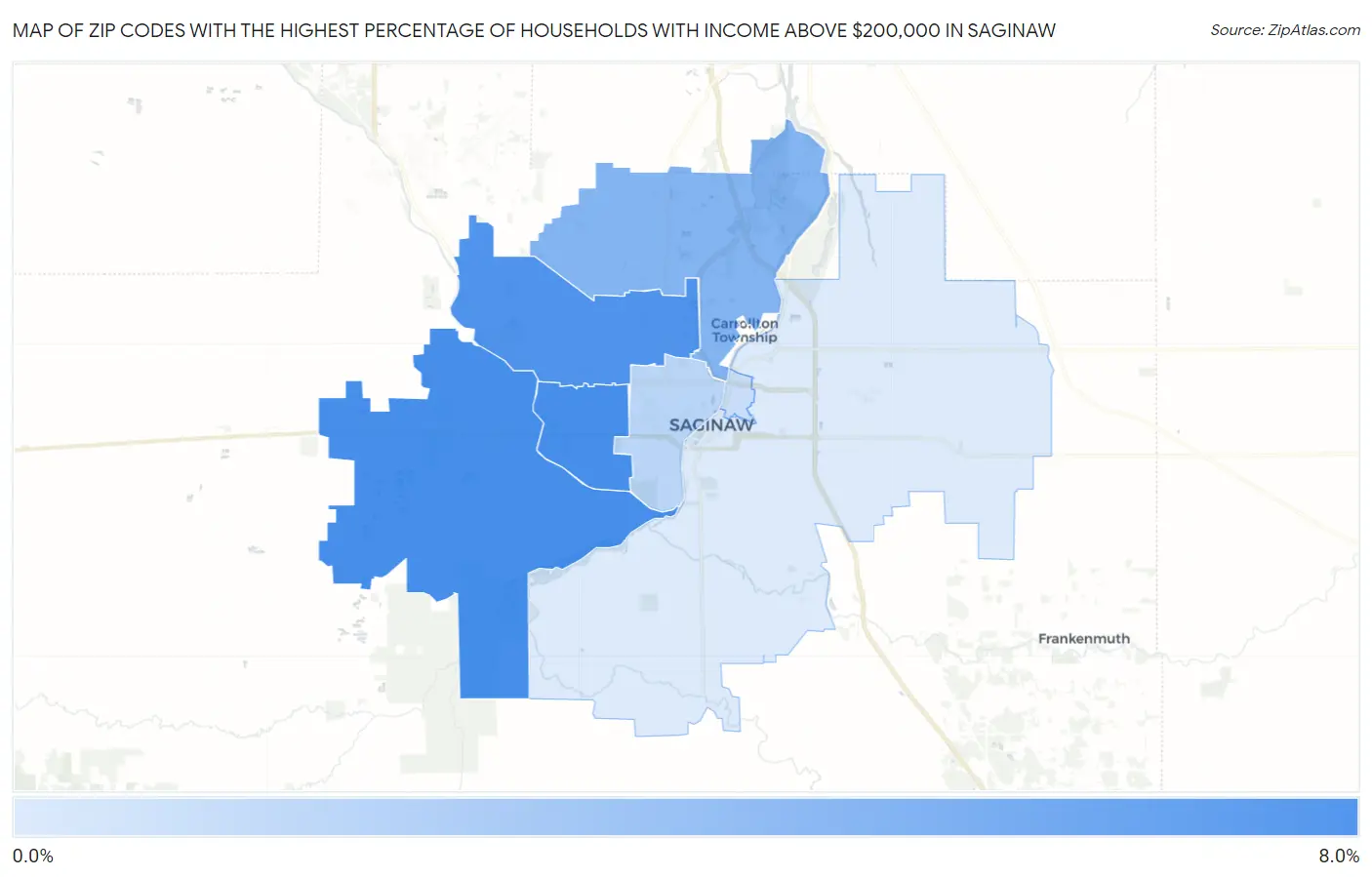 Zip Codes with the Highest Percentage of Households with Income Above $200,000 in Saginaw Map
