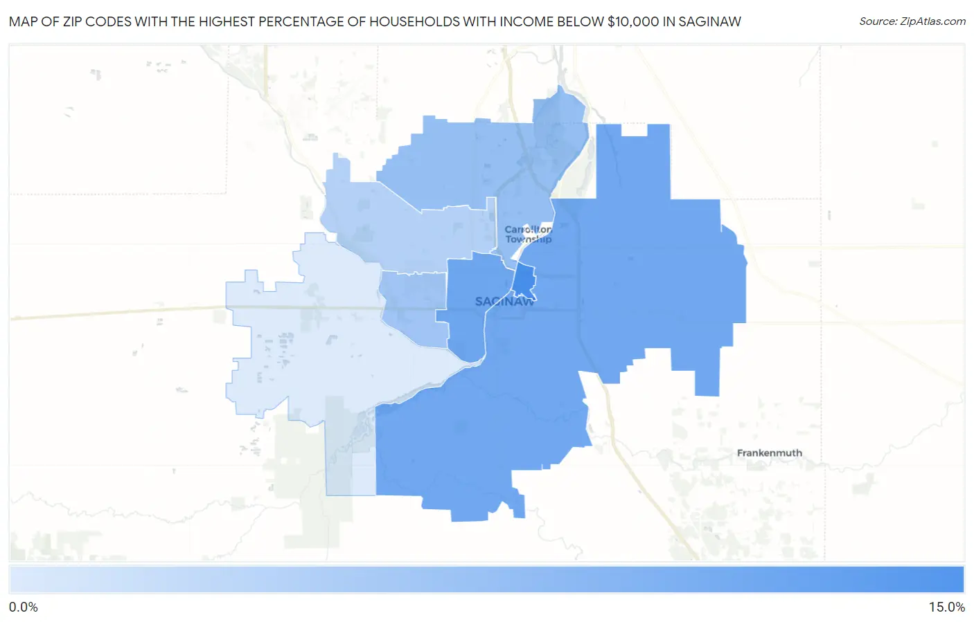 Zip Codes with the Highest Percentage of Households with Income Below $10,000 in Saginaw Map
