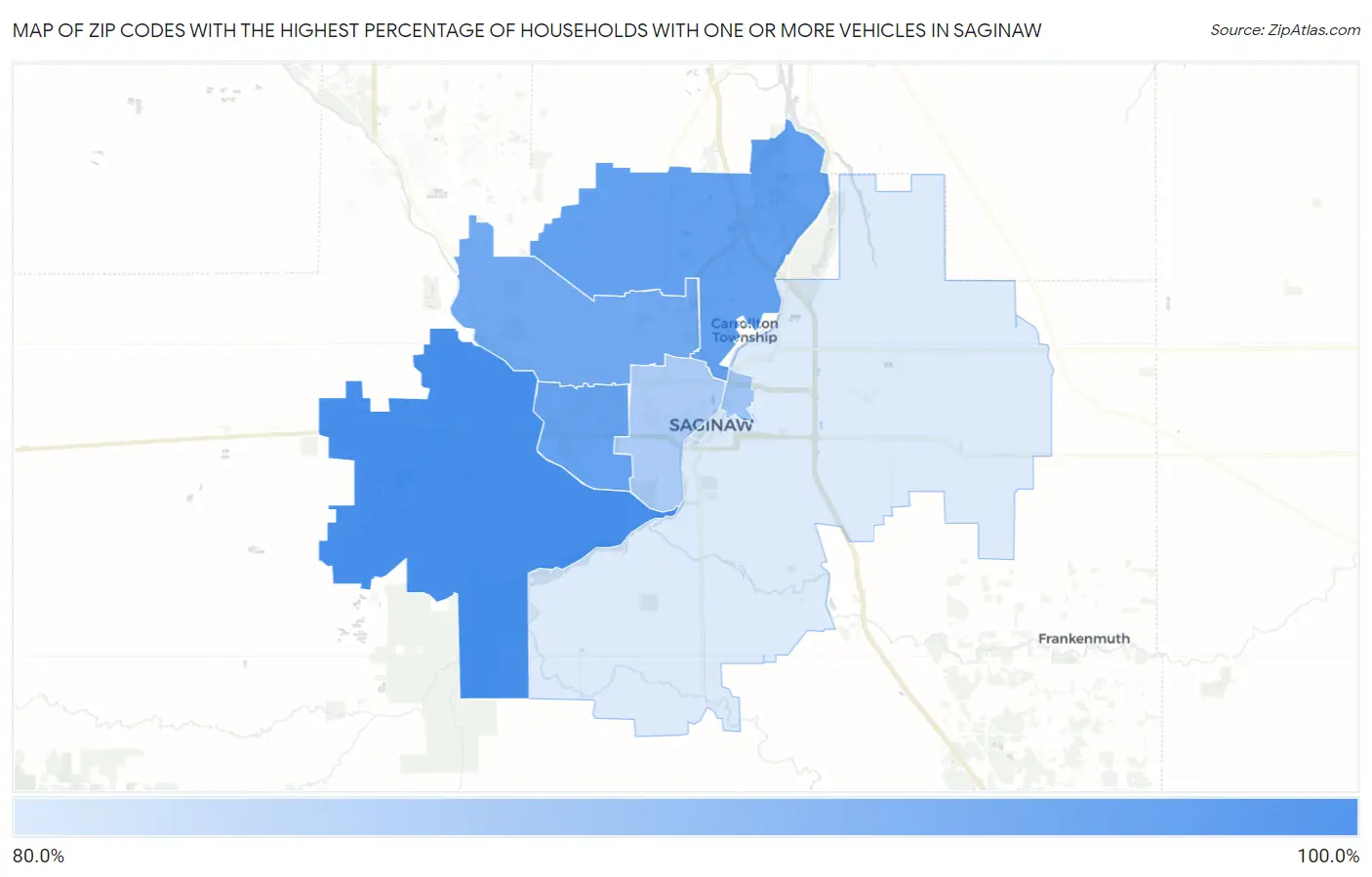 Zip Codes with the Highest Percentage of Households With One or more Vehicles in Saginaw Map