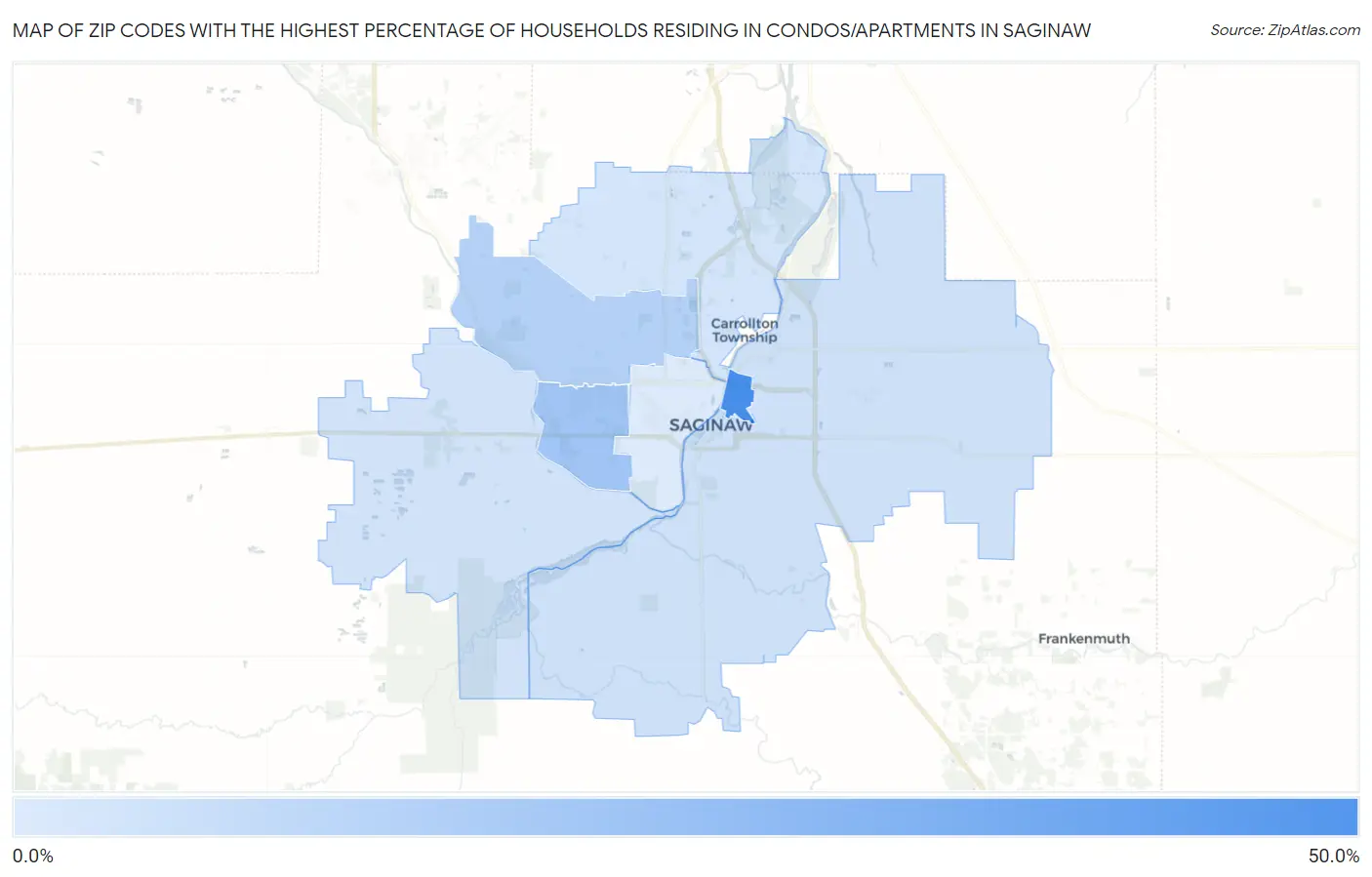 Zip Codes with the Highest Percentage of Households Residing in Condos/Apartments in Saginaw Map