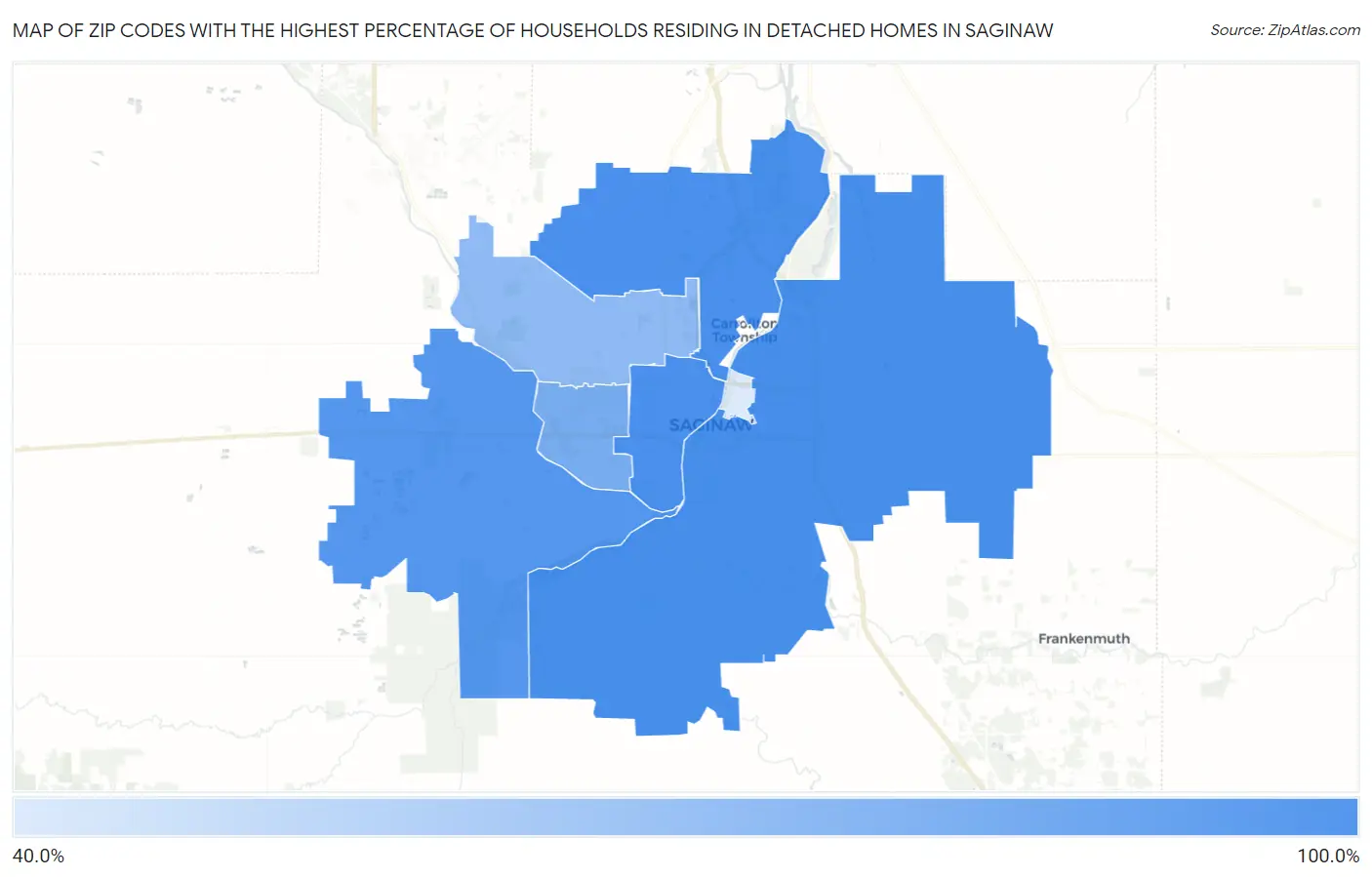 Zip Codes with the Highest Percentage of Households Residing in Detached Homes in Saginaw Map