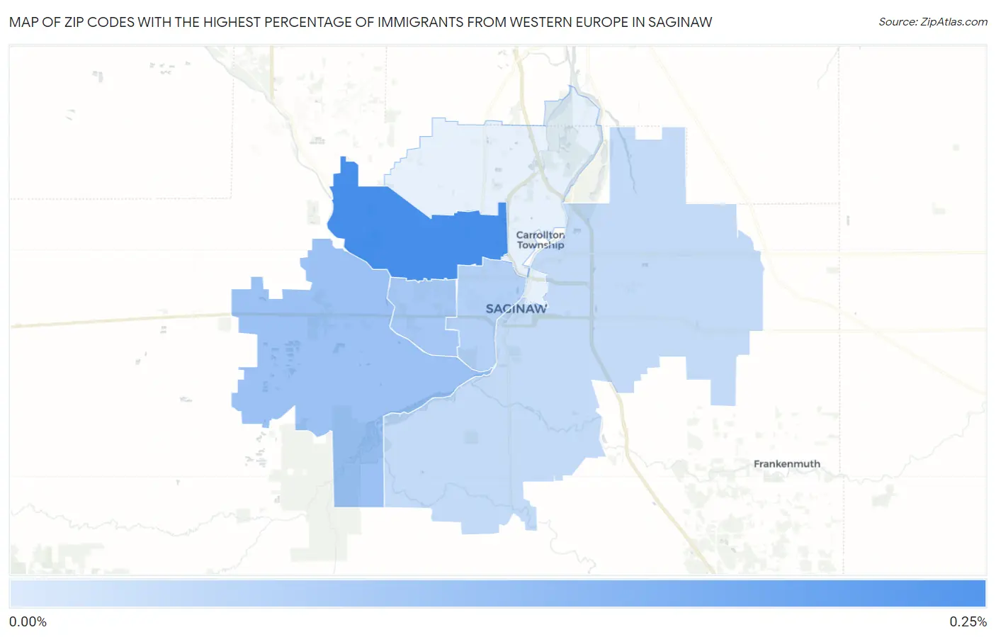 Zip Codes with the Highest Percentage of Immigrants from Western Europe in Saginaw Map