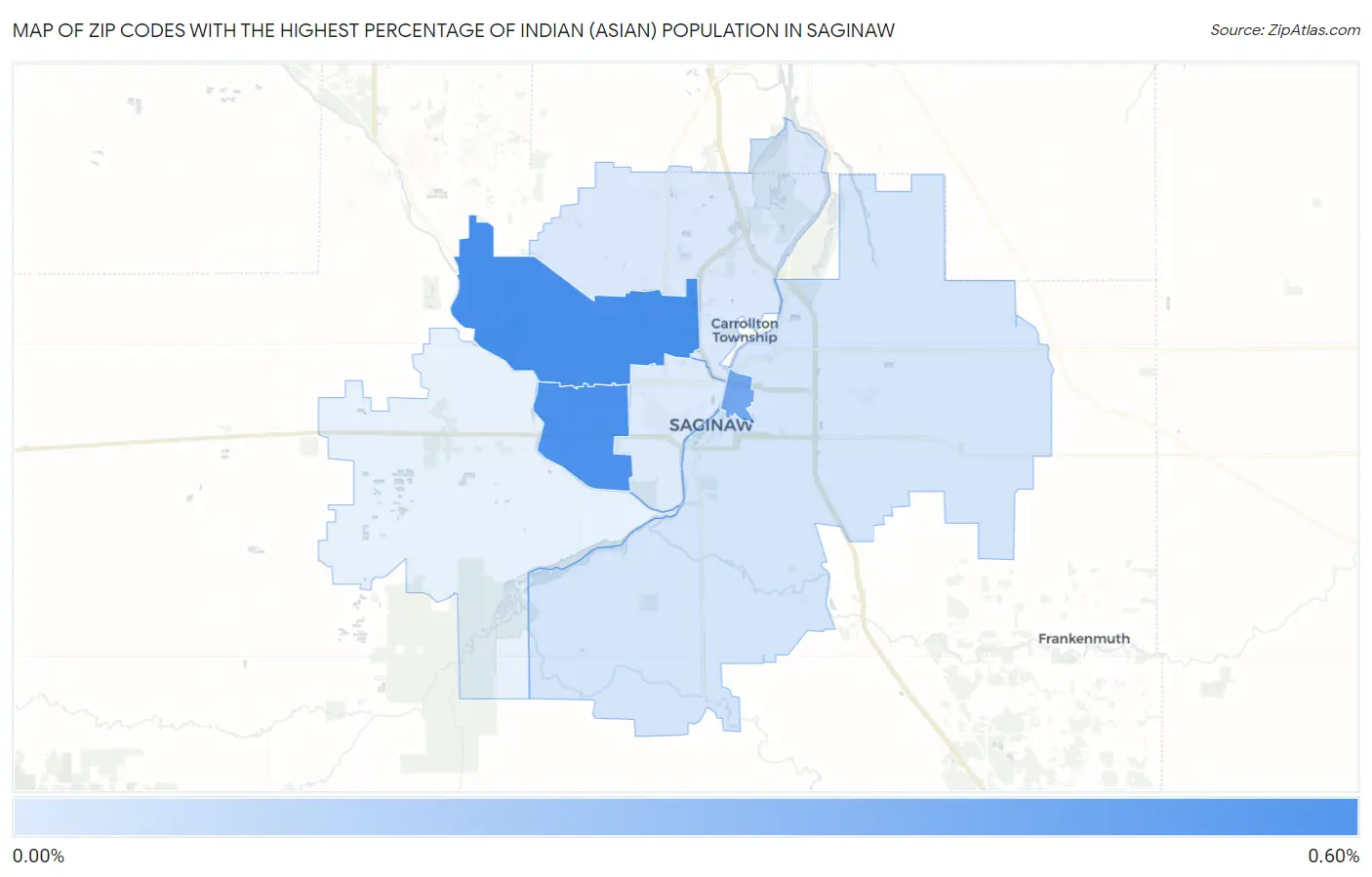 Zip Codes with the Highest Percentage of Indian (Asian) Population in Saginaw Map
