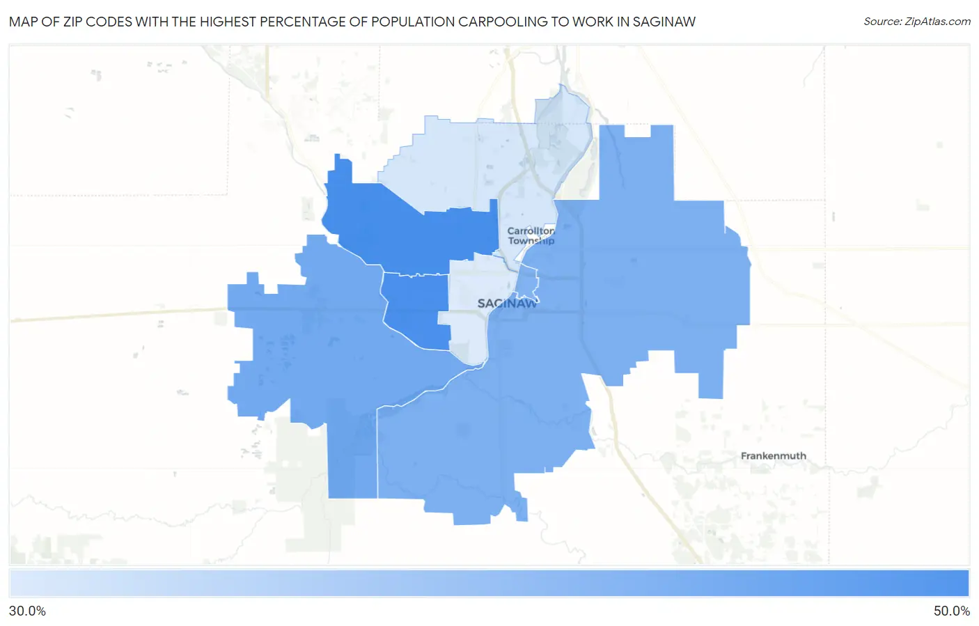 Zip Codes with the Highest Percentage of Population Carpooling to Work in Saginaw Map
