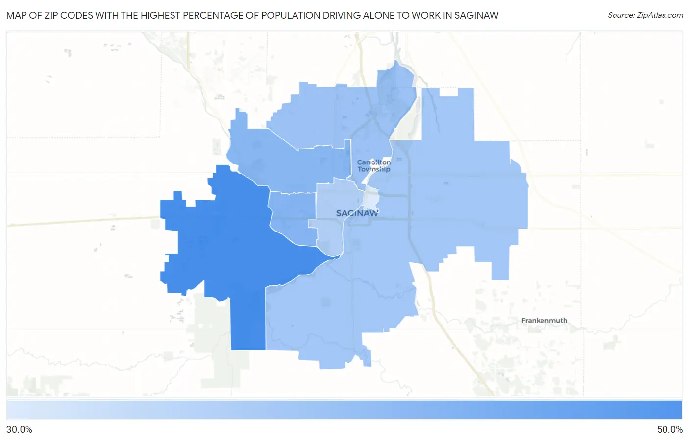 Zip Codes with the Highest Percentage of Population Driving Alone to Work in Saginaw Map
