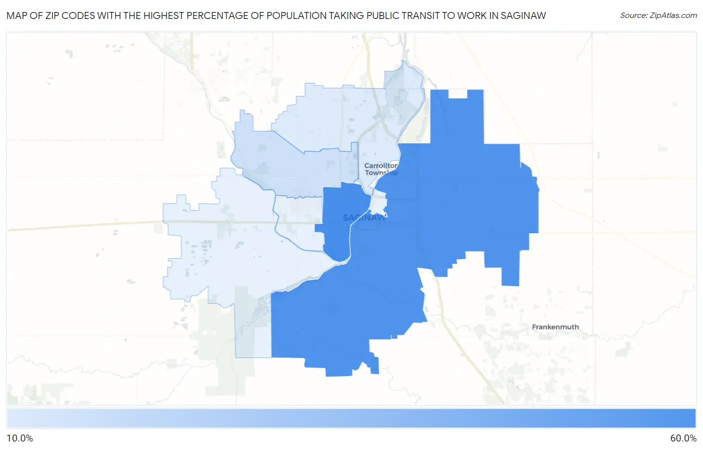 Zip Codes with the Highest Percentage of Population Taking Public Transit to Work in Saginaw Map