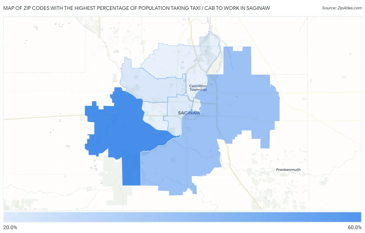 Zip Codes with the Highest Percentage of Population Taking Taxi / Cab to Work in Saginaw Map