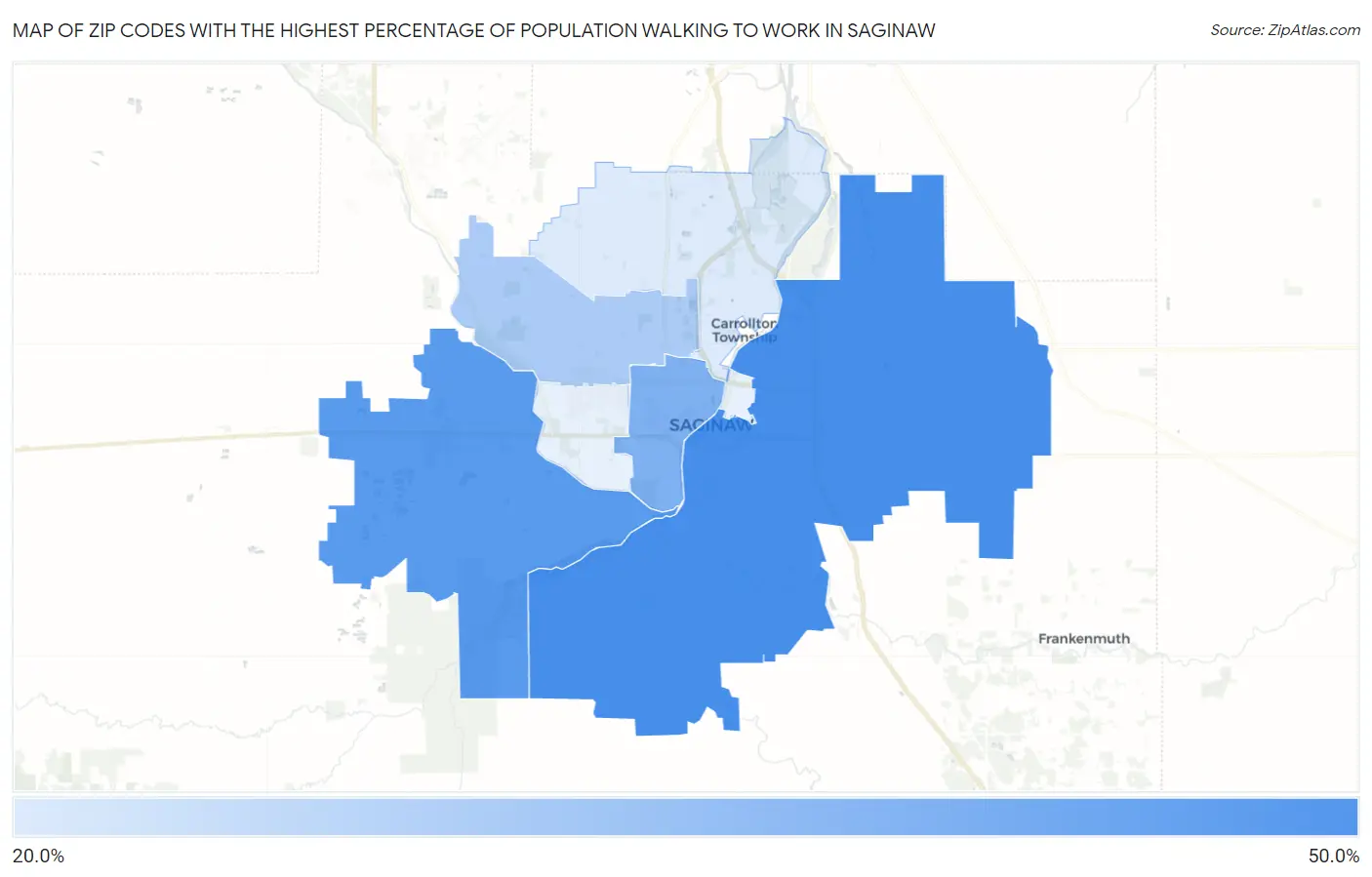 Zip Codes with the Highest Percentage of Population Walking to Work in Saginaw Map