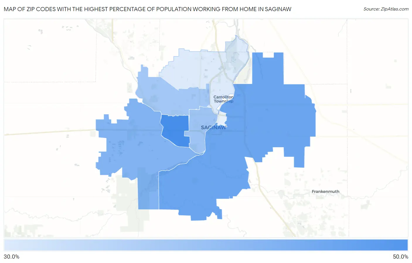 Zip Codes with the Highest Percentage of Population Working from Home in Saginaw Map