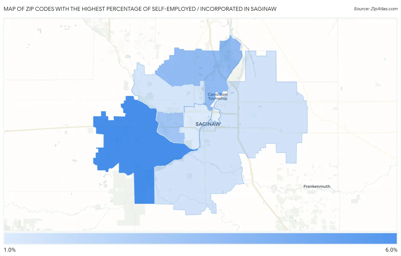 Zip Codes with the Highest Percentage of Self-Employed / Incorporated in Saginaw Map
