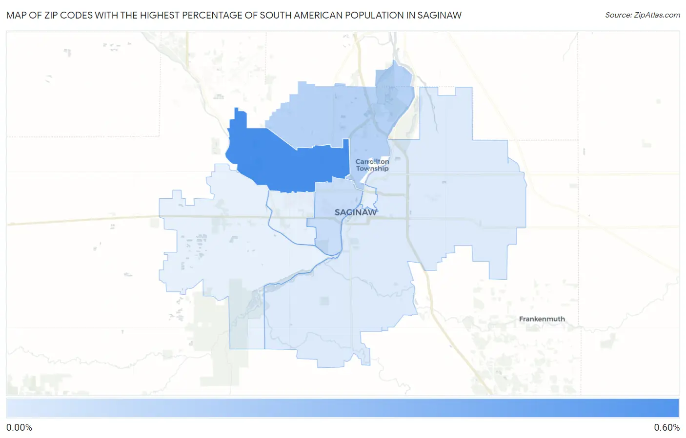 Zip Codes with the Highest Percentage of South American Population in Saginaw Map