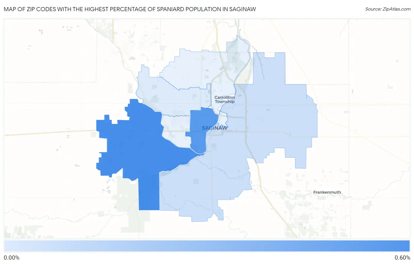 Zip Codes with the Highest Percentage of Spaniard Population in Saginaw Map