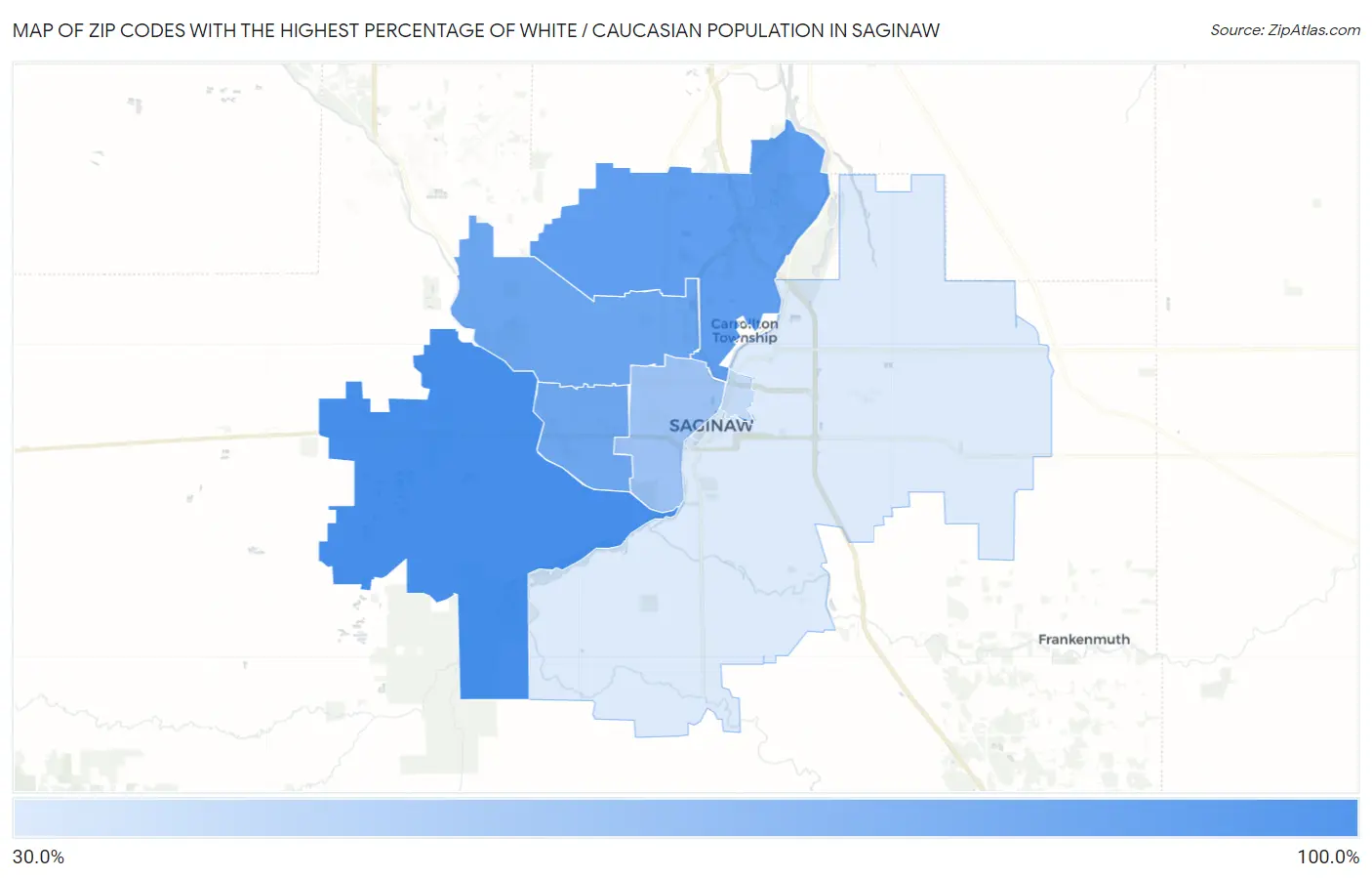 Zip Codes with the Highest Percentage of White / Caucasian Population in Saginaw Map