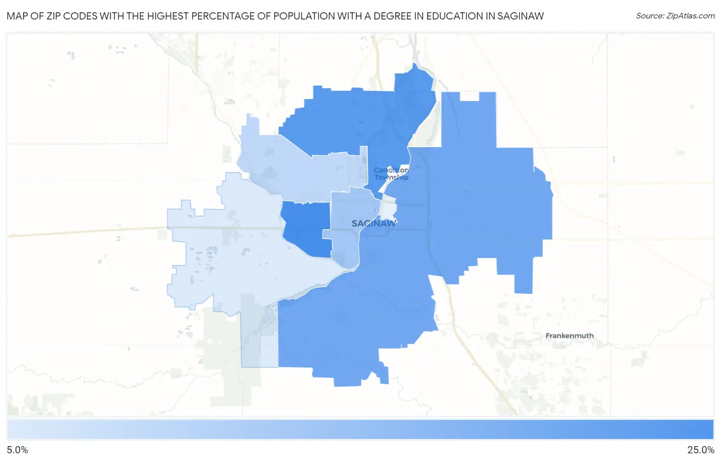 Zip Codes with the Highest Percentage of Population with a Degree in Education in Saginaw Map