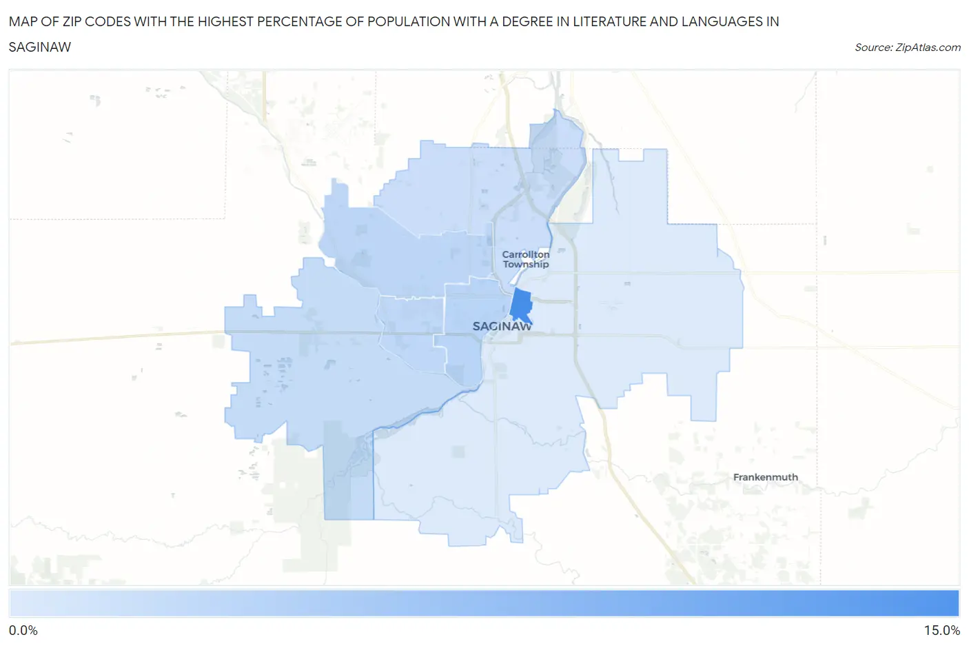 Zip Codes with the Highest Percentage of Population with a Degree in Literature and Languages in Saginaw Map