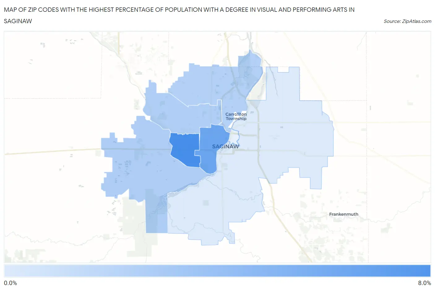 Zip Codes with the Highest Percentage of Population with a Degree in Visual and Performing Arts in Saginaw Map