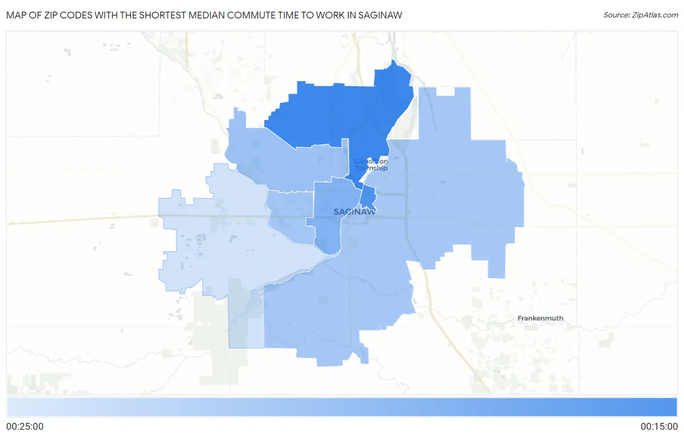 Zip Codes with the Shortest Median Commute Time to Work in Saginaw Map
