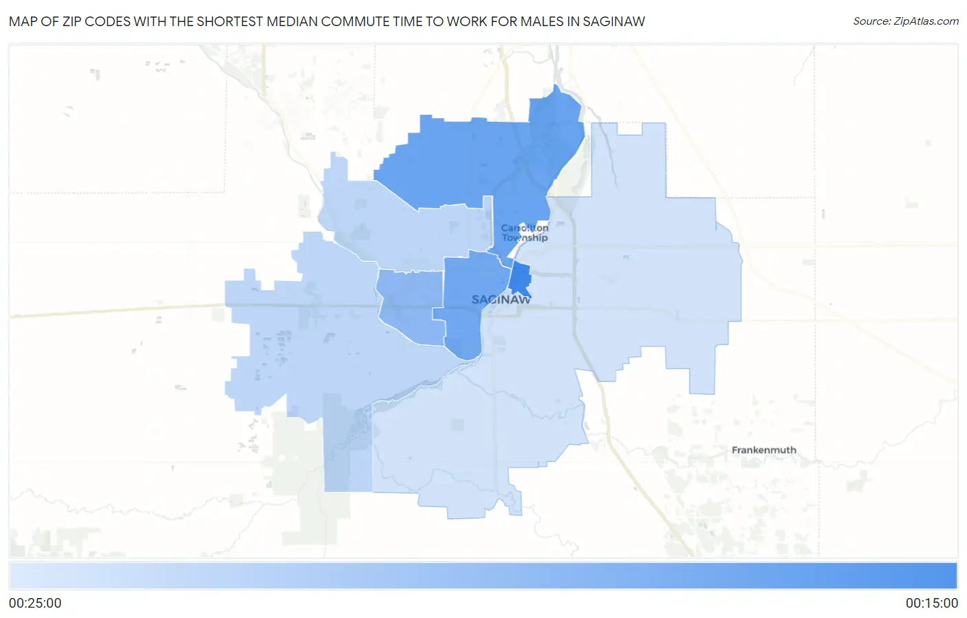Zip Codes with the Shortest Median Commute Time to Work for Males in Saginaw Map
