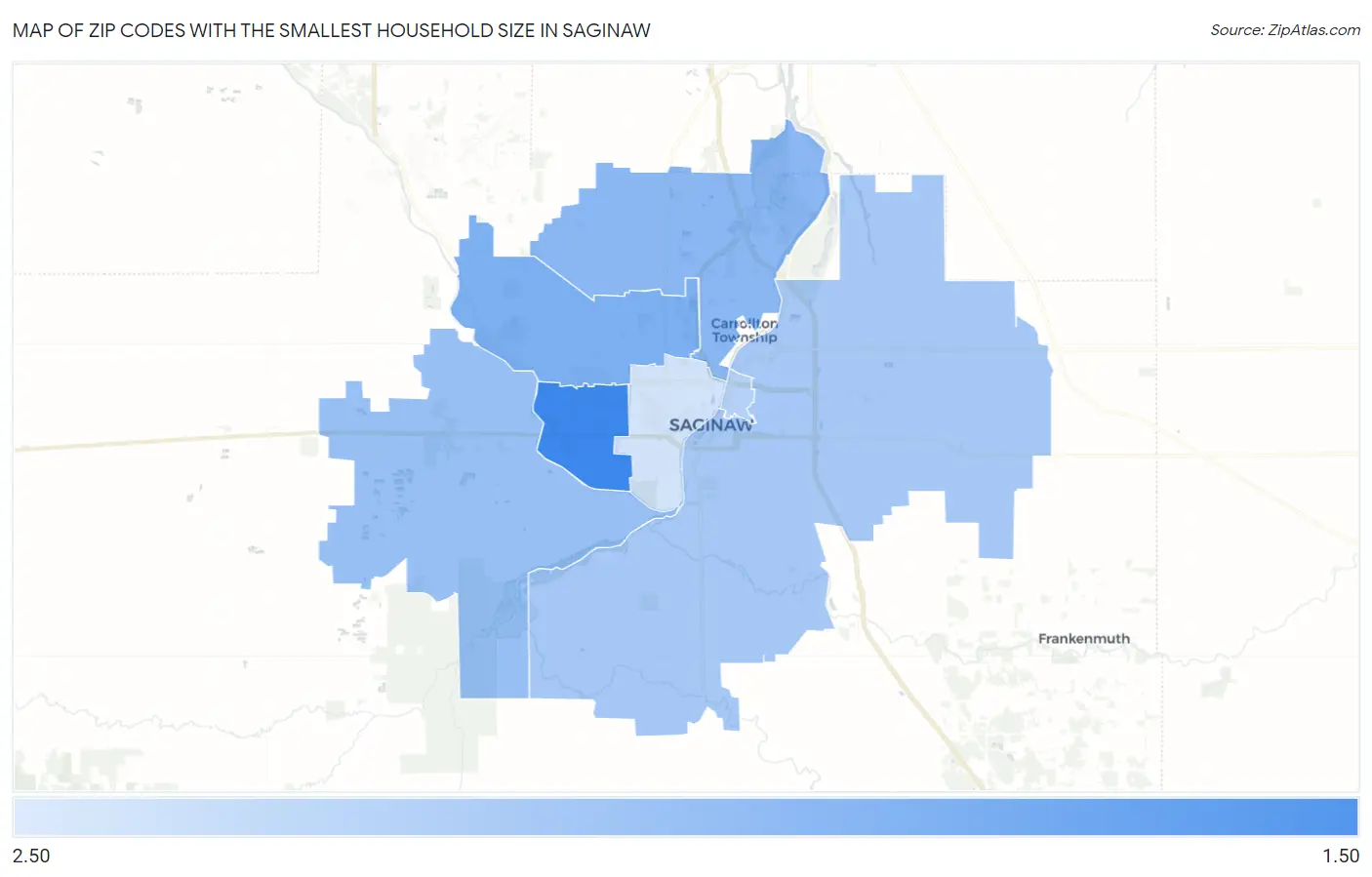 Zip Codes with the Smallest Household Size in Saginaw Map