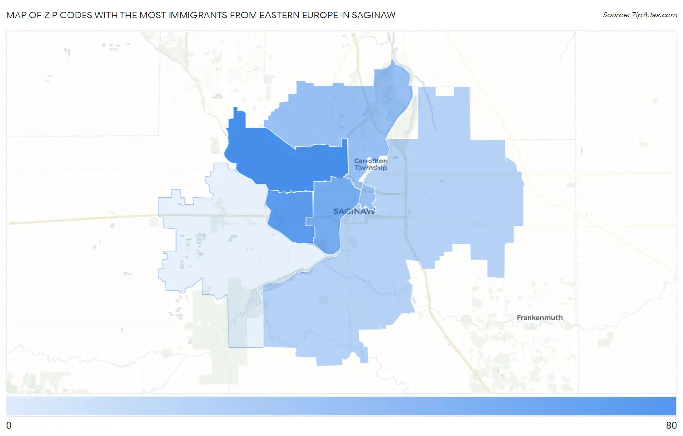 Zip Codes with the Most Immigrants from Eastern Europe in Saginaw Map