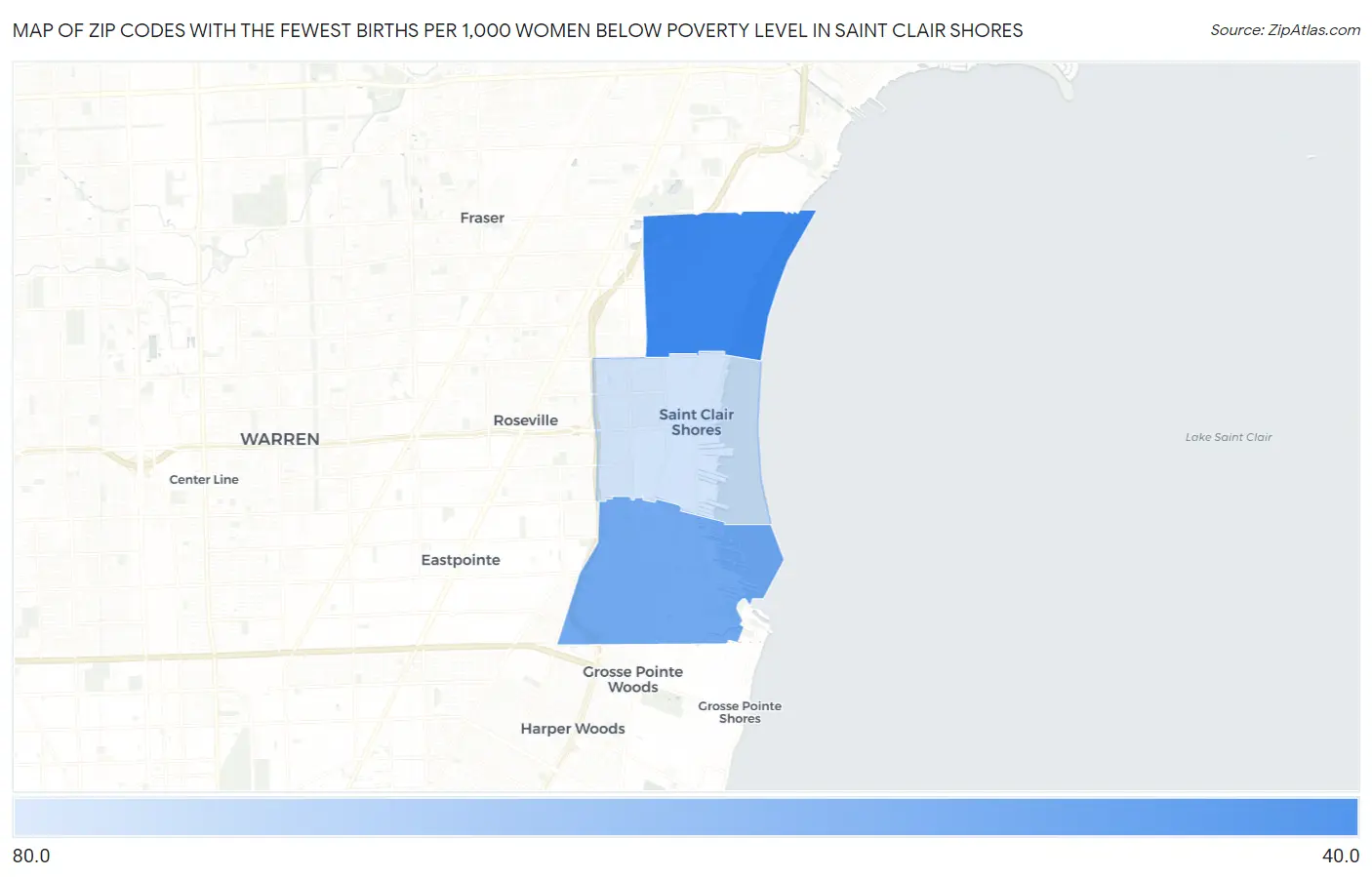 Zip Codes with the Fewest Births per 1,000 Women Below Poverty Level in Saint Clair Shores Map