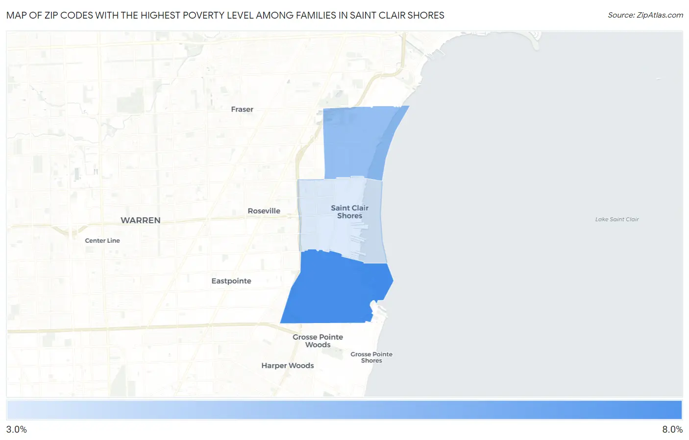 Zip Codes with the Highest Poverty Level Among Families in Saint Clair Shores Map