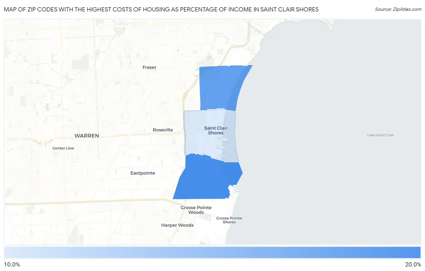 Zip Codes with the Highest Costs of Housing as Percentage of Income in Saint Clair Shores Map
