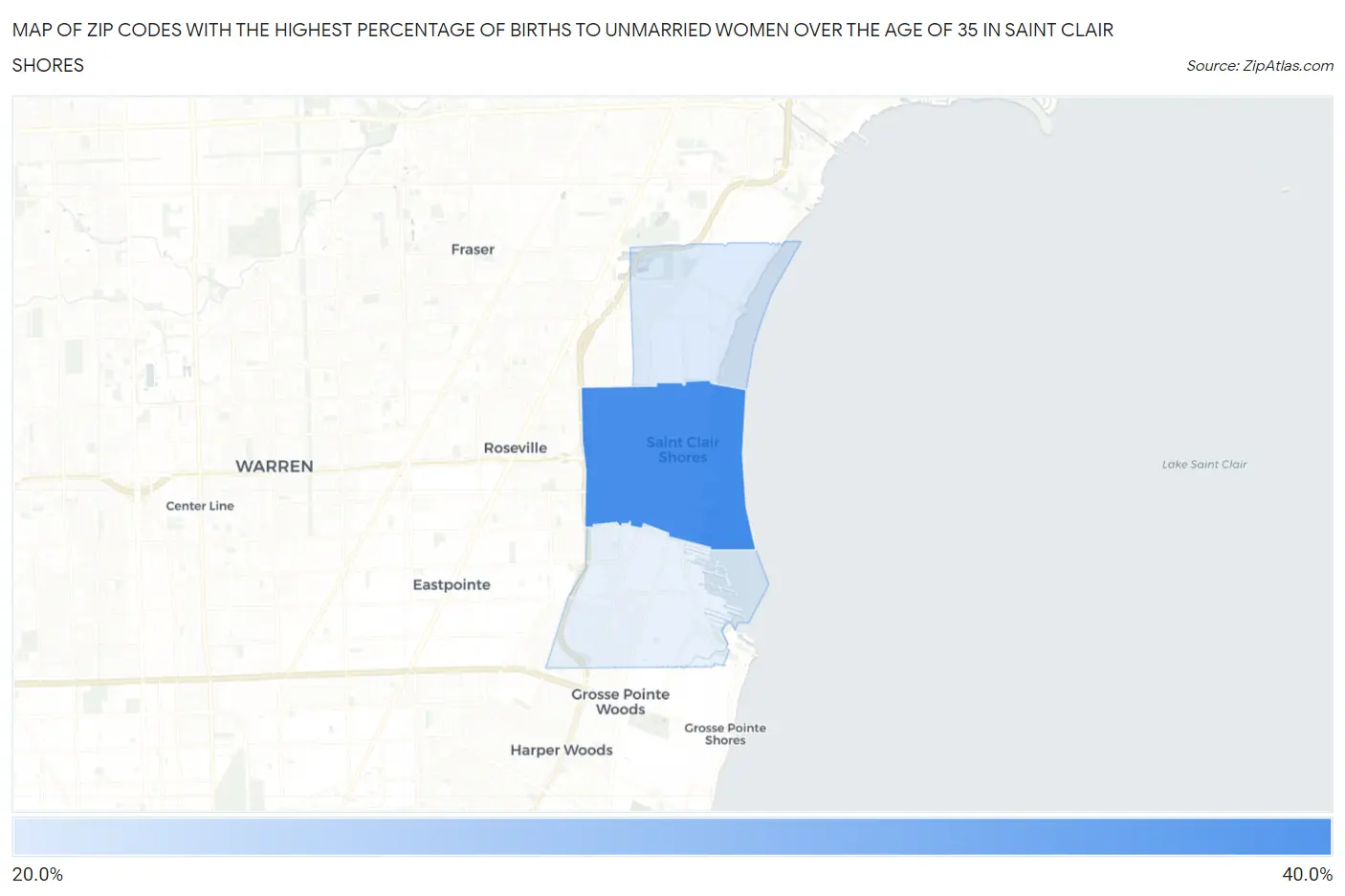 Zip Codes with the Highest Percentage of Births to Unmarried Women over the Age of 35 in Saint Clair Shores Map