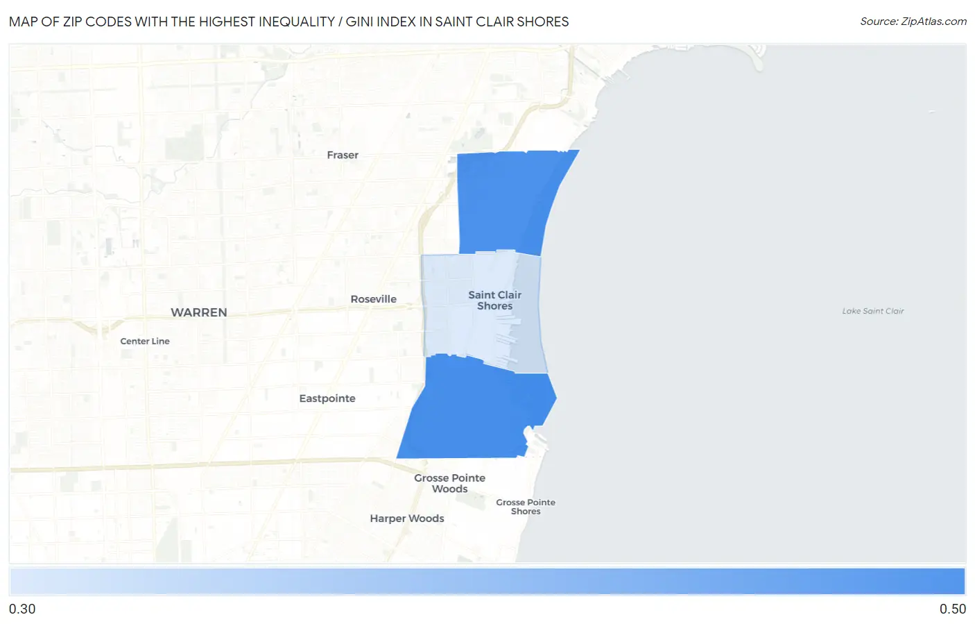 Zip Codes with the Highest Inequality / Gini Index in Saint Clair Shores Map