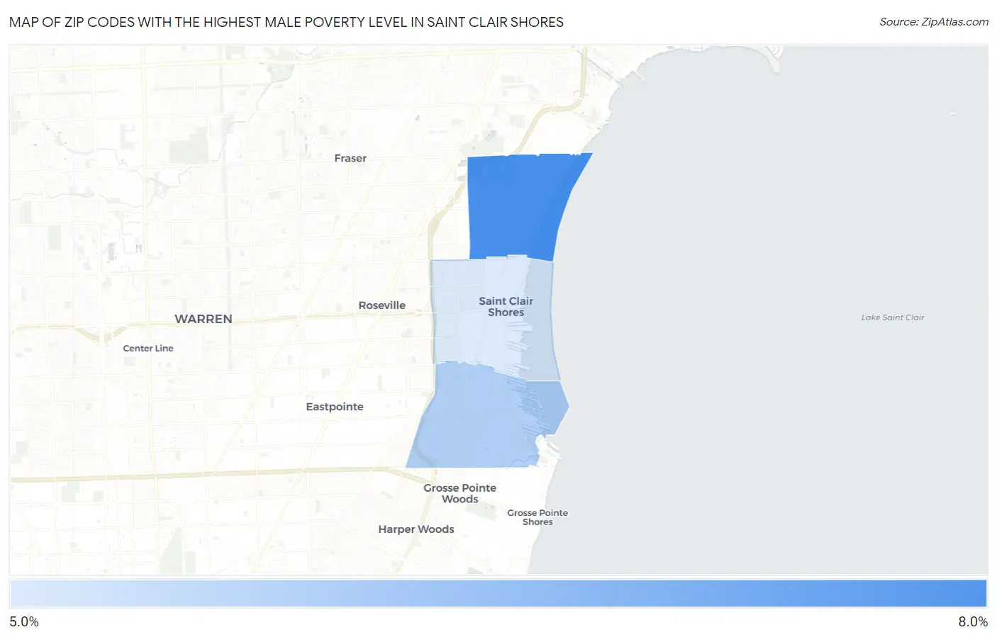 Zip Codes with the Highest Male Poverty Level in Saint Clair Shores Map