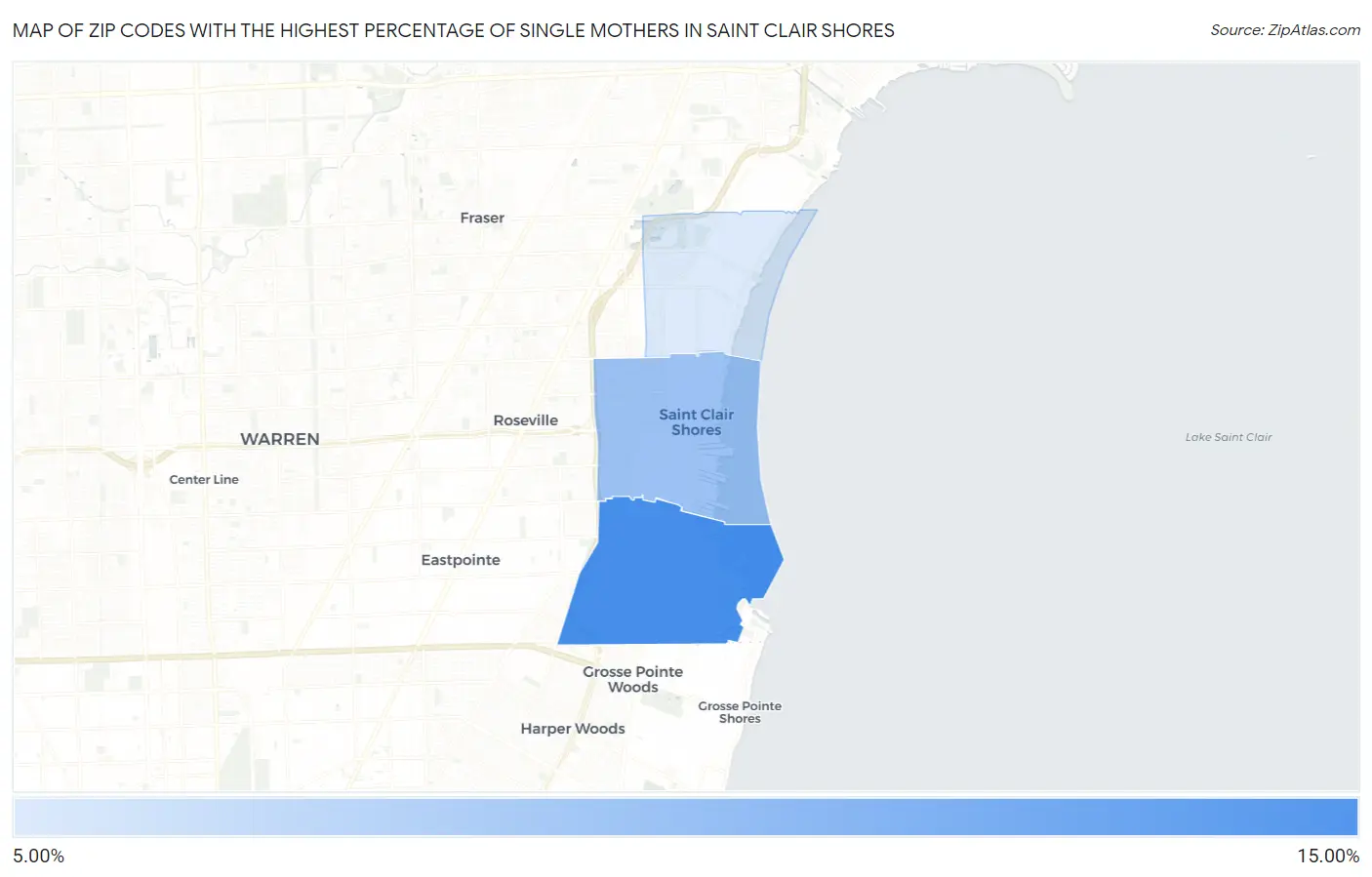 Zip Codes with the Highest Percentage of Single Mothers in Saint Clair Shores Map