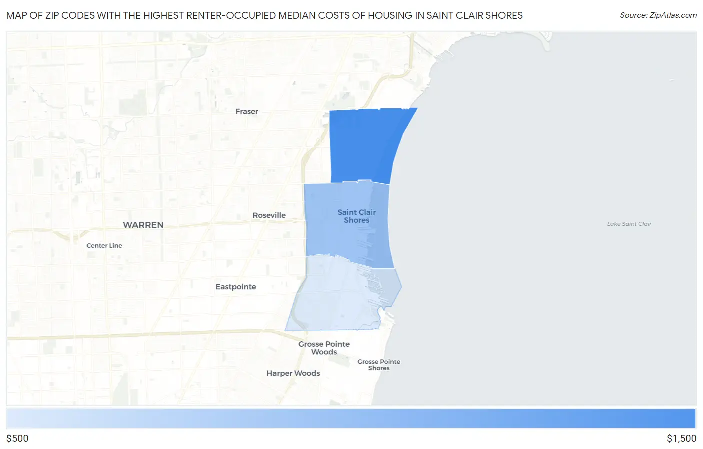 Zip Codes with the Highest Renter-Occupied Median Costs of Housing in Saint Clair Shores Map