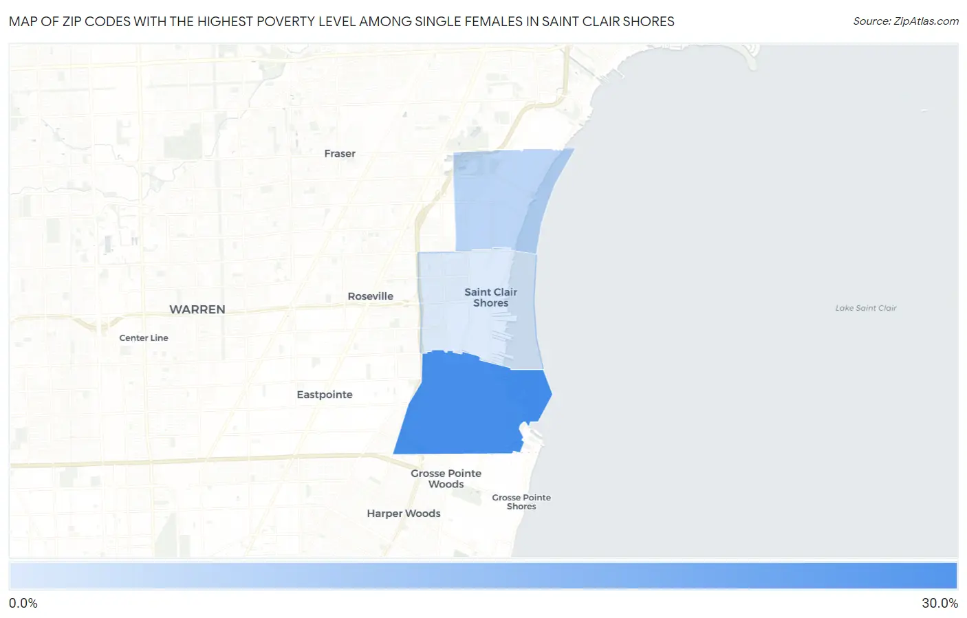 Zip Codes with the Highest Poverty Level Among Single Females in Saint Clair Shores Map
