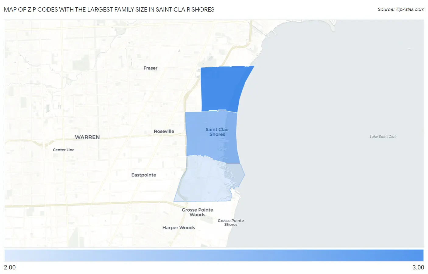 Zip Codes with the Largest Family Size in Saint Clair Shores Map
