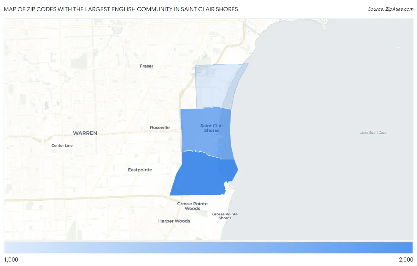 Zip Codes with the Largest English Community in Saint Clair Shores Map