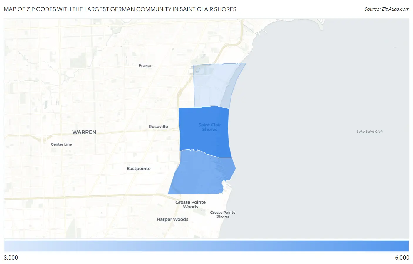 Zip Codes with the Largest German Community in Saint Clair Shores Map