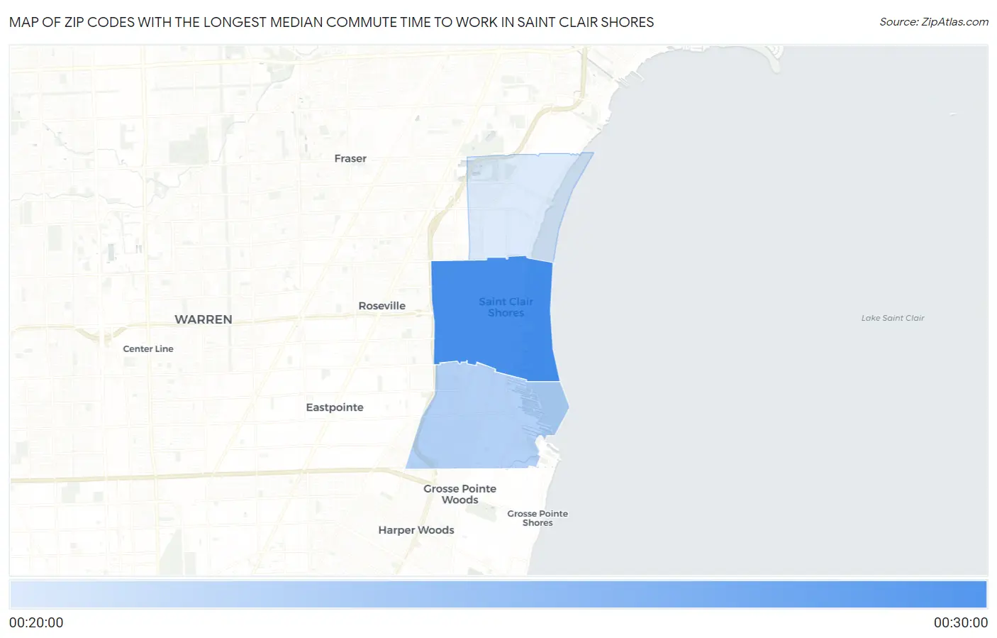 Zip Codes with the Longest Median Commute Time to Work in Saint Clair Shores Map