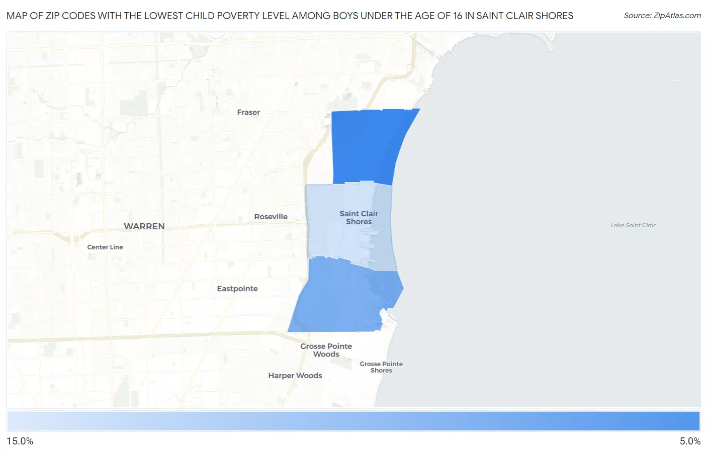 Zip Codes with the Lowest Child Poverty Level Among Boys Under the Age of 16 in Saint Clair Shores Map