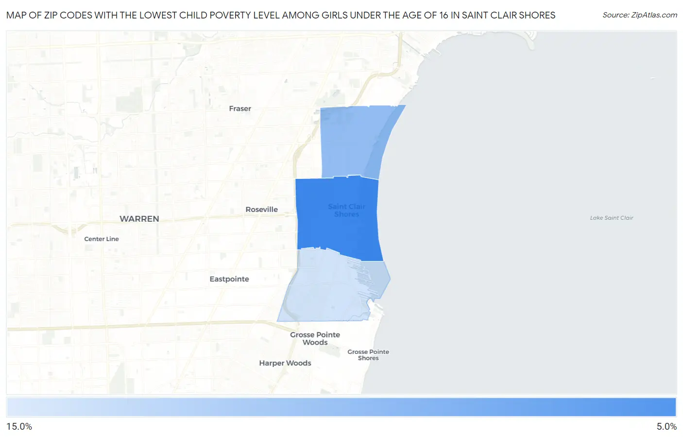 Zip Codes with the Lowest Child Poverty Level Among Girls Under the Age of 16 in Saint Clair Shores Map