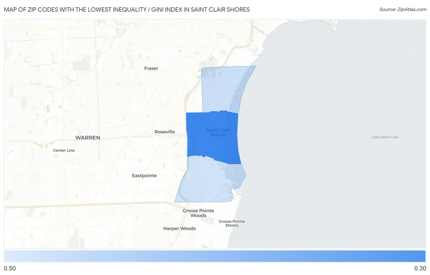 Zip Codes with the Lowest Inequality / Gini Index in Saint Clair Shores Map