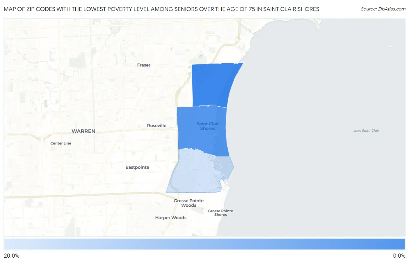 Zip Codes with the Lowest Poverty Level Among Seniors Over the Age of 75 in Saint Clair Shores Map
