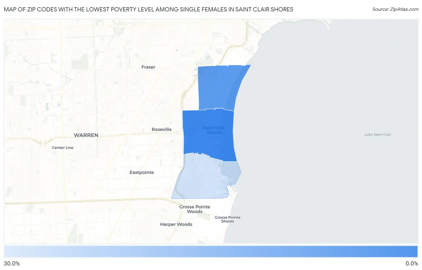 Zip Codes with the Lowest Poverty Level Among Single Females in Saint Clair Shores Map
