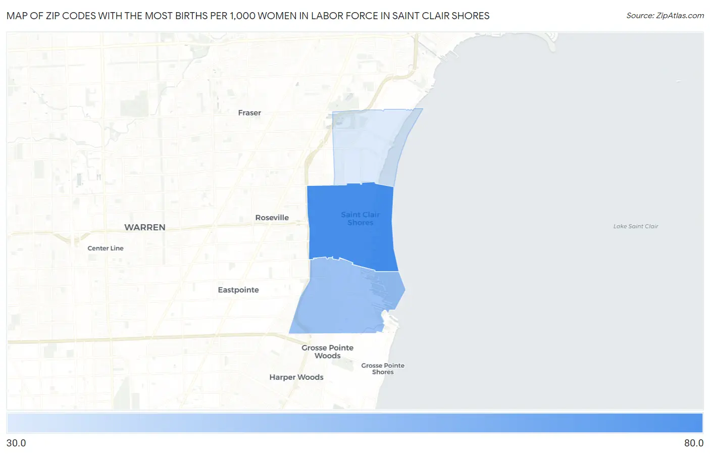 Zip Codes with the Most Births per 1,000 Women in Labor Force in Saint Clair Shores Map