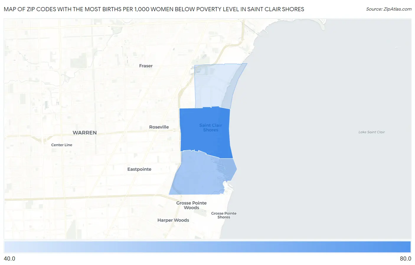 Zip Codes with the Most Births per 1,000 Women Below Poverty Level in Saint Clair Shores Map